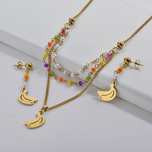 Vente en gros Ensembles de bijoux de boucle d'oreille de collier de fruits plaqués or en acier inoxydable