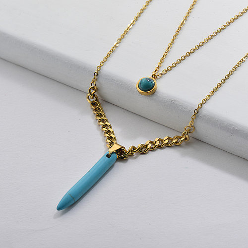 Fashion Turquoise Charm With Curb Mixed Link Chain Layer Necklace