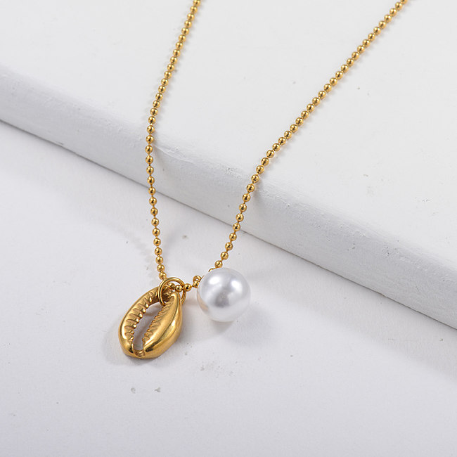 Collier en métal doré Puka Shell avec chaîne boule de perles