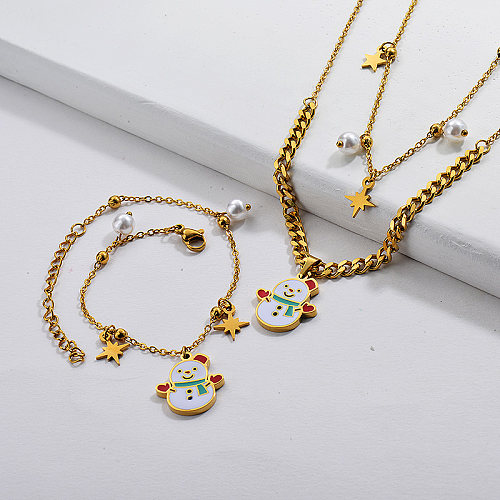 Conjunto de pulseira de colar de Natal folheado a ouro em aço inoxidável