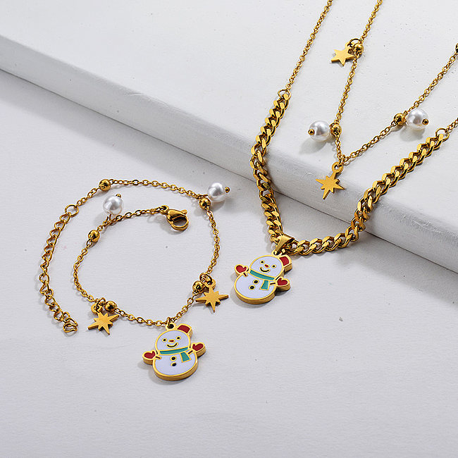 Wholesale Stainless Steel  Gold Plated Christmas Necklace Bracelet Set