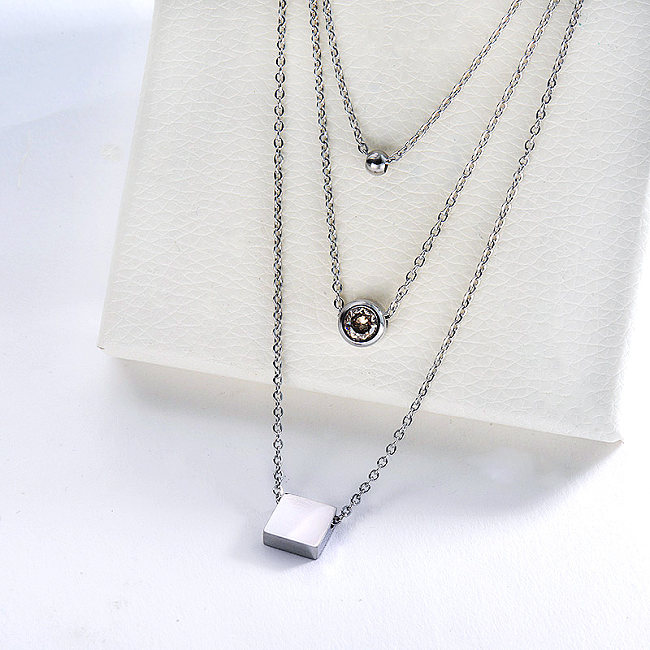 Simple Silver Square Geometry With Gemstone Zircon Layered Necklace For Women