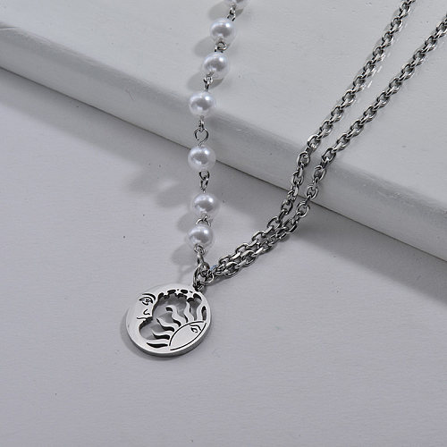 Vente en gros Soleil en argent avec pendentif lune avec collier à maillons mixtes de perles