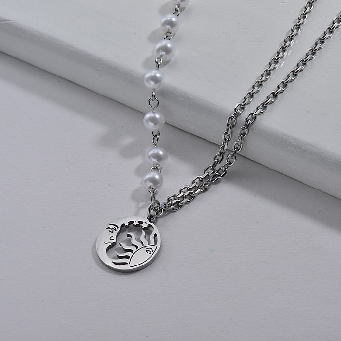 Wholesale Silver Sun With Moon Pendant With Pearl Mixed Link Chain Necklace