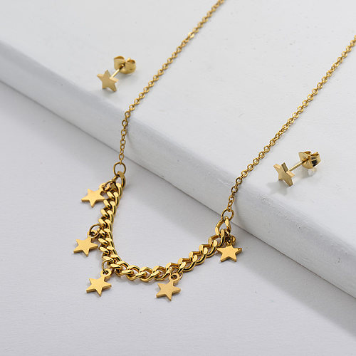 Conjunto de joias em aço inoxidável banhado a ouro com gargantilha em estrela