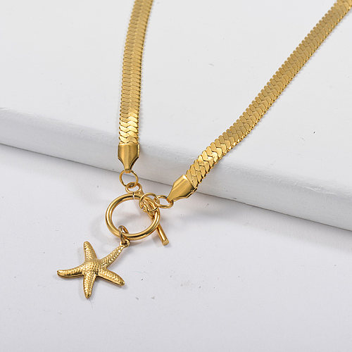 Gold Starfish Charm OT Clasp Snake Chain Necklace
