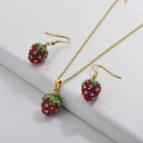 Wholesale Stainless Steel Gold Zircon Strawberry Necklace Earrings Set