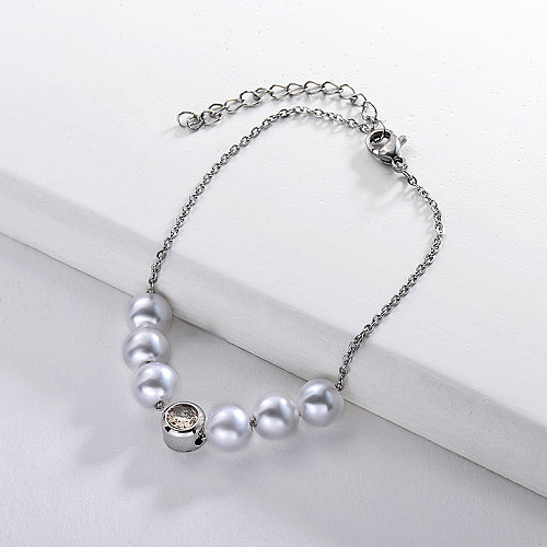 Bracelet de perles en acier inoxydable avec pendentif en zircon blanc
