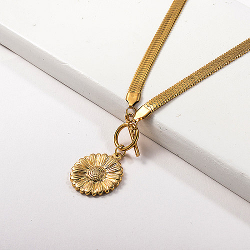 Fashion Sunflower Pendant OT Clasp Snake Chain Statement Necklace