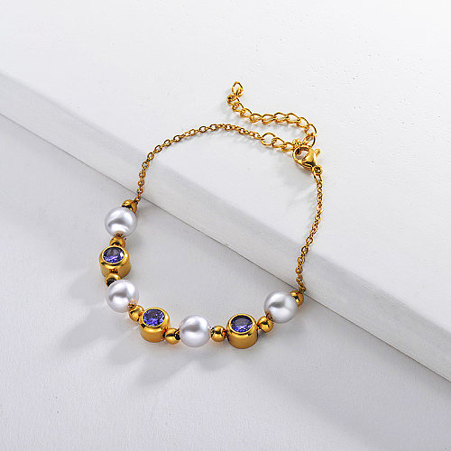 Golden stainless steel ball pearl bracelet with zircon pendant
