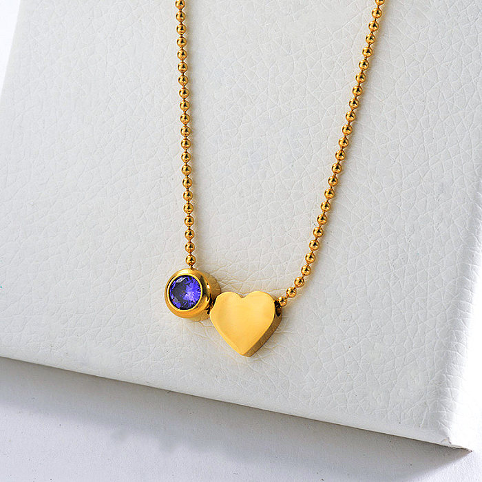 تصميم جديد مطلي بالذهب على شكل قلب مع قلادة بسلسلة كروية من الزركون  الأرجواني - Jewenoir