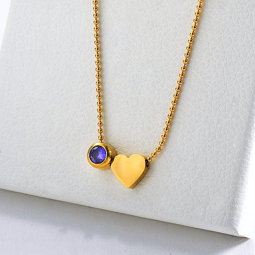 Nuevo diseño de corazón chapado en oro con collar de cadenas de bolas con encanto de circonita púrpura