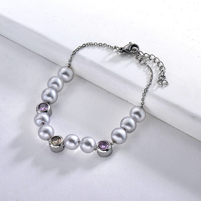 Stainless steel bracelet with pearl and zircon