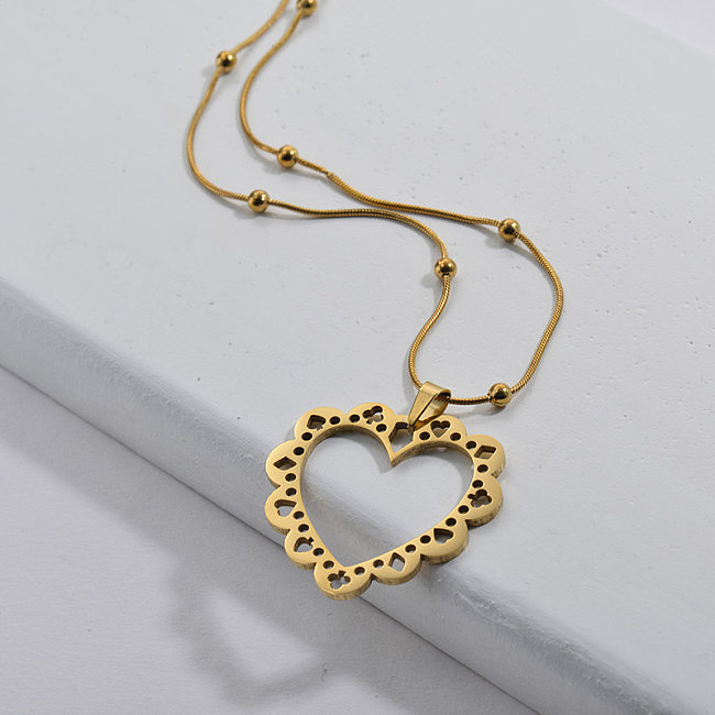 316L Stainless Steel Gold Hollow Heart With Pattern Pendant Beads Chain Necklace For Women