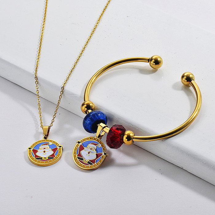 Wholesale Stainless Steel Gold Plated Christmas Santa Claus Necklace Bangle Set