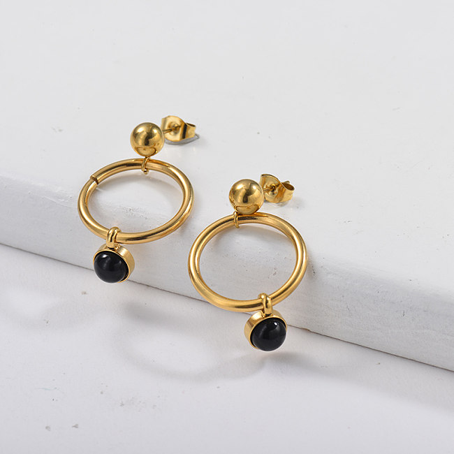 Gold Plating Dangle Ohrring mit Gold Hoop & Black Gem