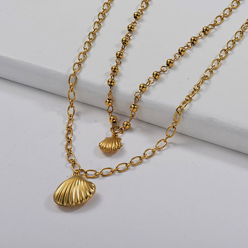 14K Gold Metal Shell Charm With Beaded Oval Link Chain Layered Necklace