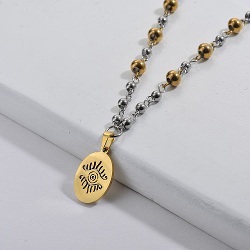 Gold Hollow Evil Eye Round Pendant Double Color Beads Necklace For Women