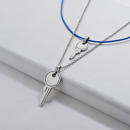Silver Stainless Steel Key Pendant Layer Necklace Blue Rope Jewelry