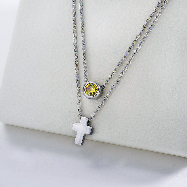 Hot Selling Silver Cross Charm Double Chains Necklace For Women