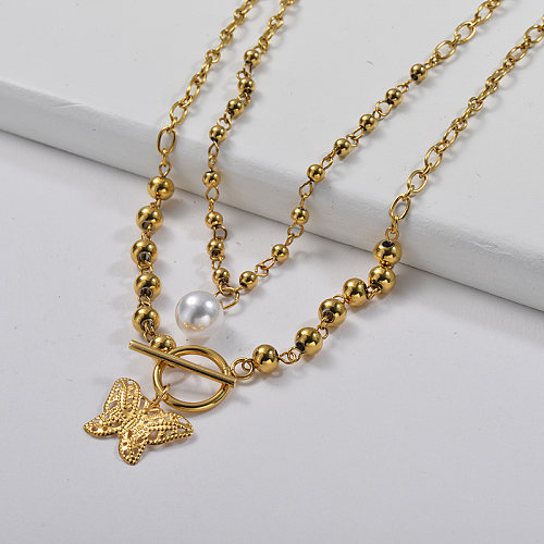 Elegant Gold Butterfly Charm With Beaded Link Chain Layer Necklace