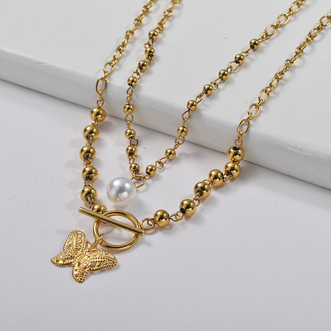 Elegant Gold Butterfly Charm With Beaded Link Chain Layer Necklace