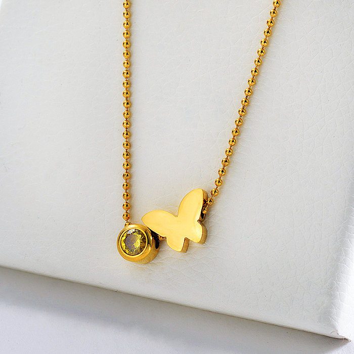 Nouveau design papillon en or avec collier de chaîne de perles de charme en zircon jaune pour les femmes