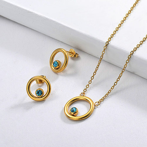 Stainless Steel Gold Plated Blue Zircon Crystal Ring Necklace Earring Set