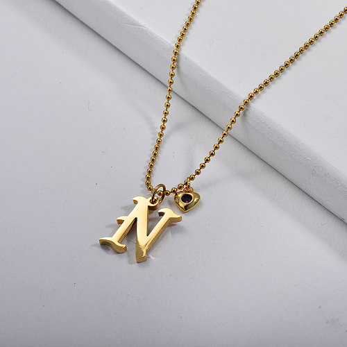 Gold Gothic Style Alphabet N Pendant With Small Charm Bead Necklace