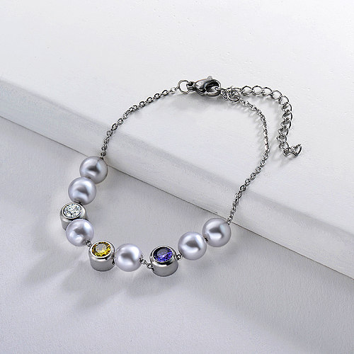 Stainless steel bracelet with pearl and colored zircon