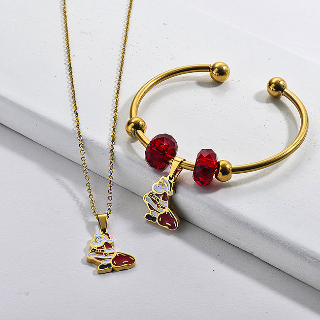 Conjunto de joyas de pendientes de collar de Papá Noel de Navidad chapado en oro de acero inoxidable