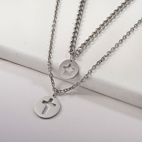 Silver Hollow Star And Cross Round Pendant Layer Chunky Chain Necklace