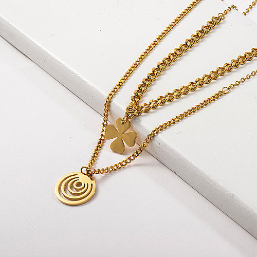 Gold Stainless Steel Flower Round Pendant Layer Chunky Chain Necklace