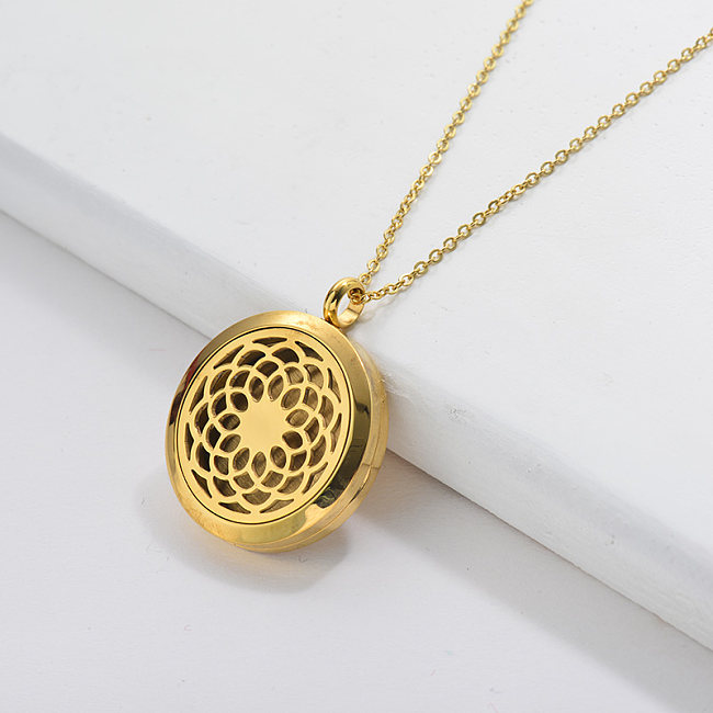 Custom Gold Hollow Flower Aromatherapy Oil Pendant Necklace