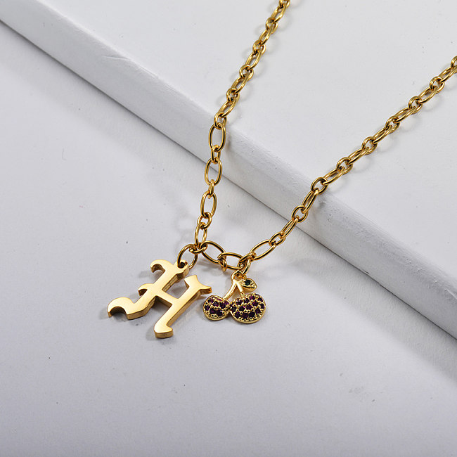 Personalised Gothic Alphabet H Charm Gold Beaded Chain Necklace