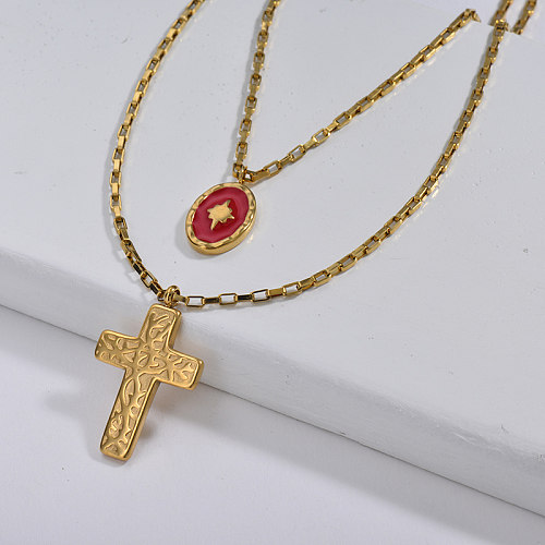 Large Gold Cross Pendant With Red Enamel Charm Square Link Chain Layered Necklace