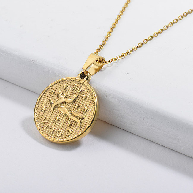 Colar de Zodíaco com pingente de tag redondo da sorte de Virgem da constelação de ouro