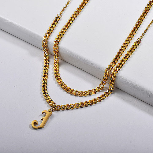 Customize Gold Letter J Pendant Layer Chunky Curb Link Chain Necklace