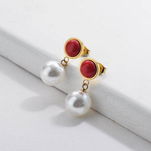 Gold Pearl Earrings with Ruby Gemstone