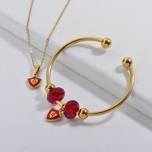 Stainless Steel Famous Brand Gold Plated Lucky NumberCharm Neckalce Bangle Jewelry Set