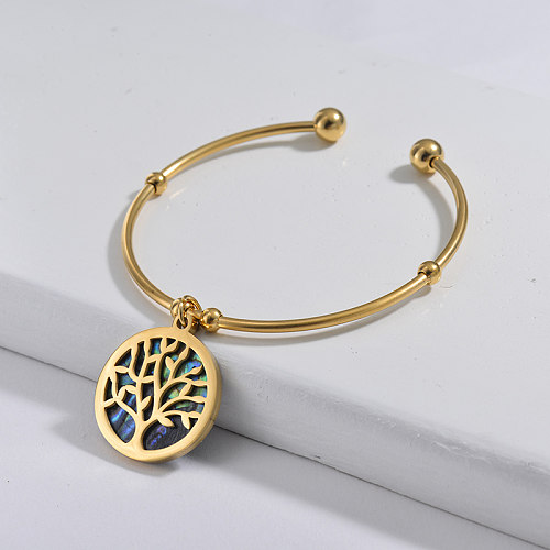 Simple style golden stainless steel bracelet with colorful shells and tree of life pendant