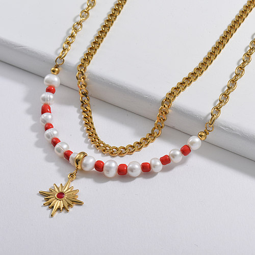 Colar Star Charm Red Frisado com Pérola Natural Link Chain Chain