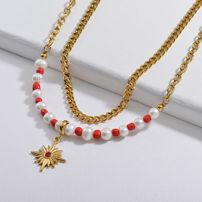 Star Charm Red Beaded With Natural Pearl Link Chain Layer Necklace
