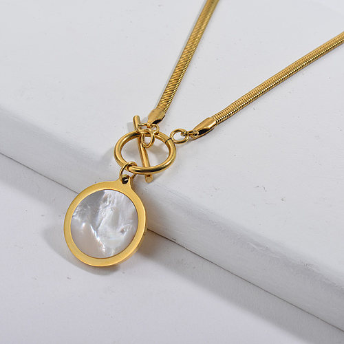 Fashion Gold Herringbone Link Chain With Shell Pendant Necklace