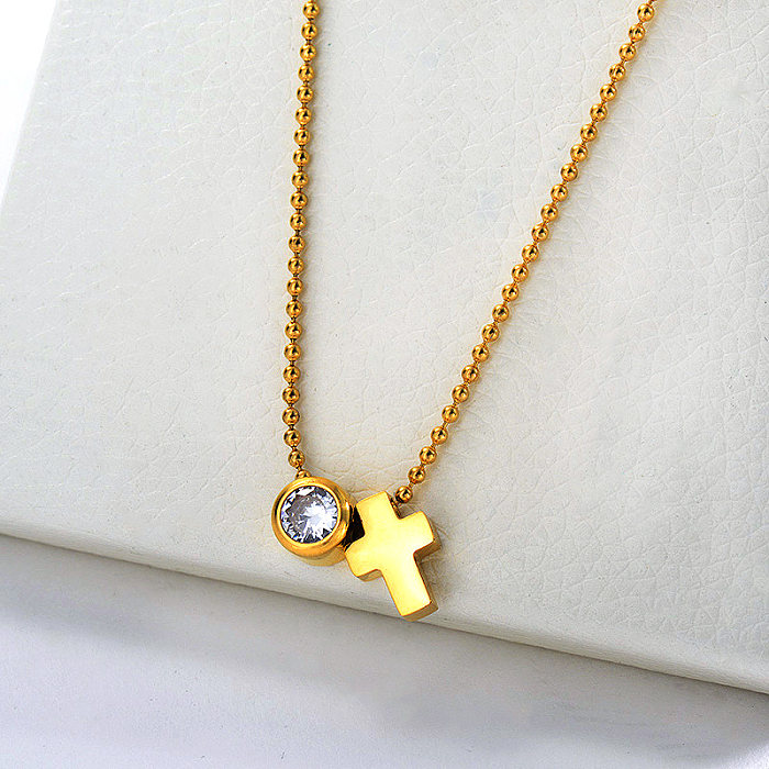 Gold Cross Charm Religious Jewelry With Zircon Ball Chains Necklace