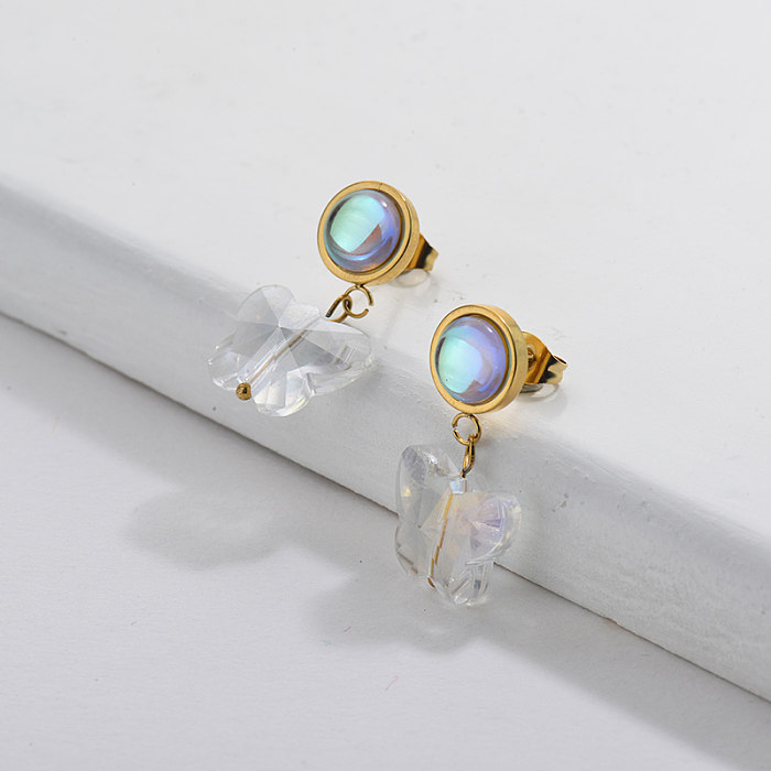 Brincos de opala com banho de Gol e borboleta de cristal