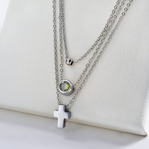 Religious Silver Cross With Green Zircon Charm Layered Necklace For Women
