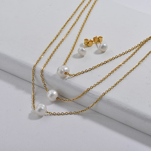 Stainless Steel Gold Plated Multi Layer Pearl Necklace Earrings Set