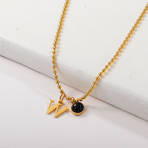Gold Plated Letter W With Black Natural Stone Charm Beaded Chain Necklace
