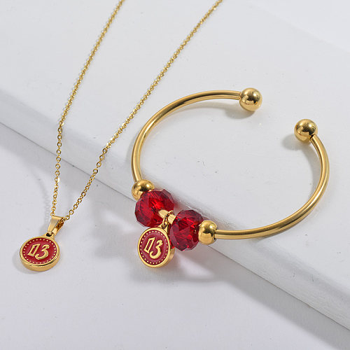 Stainless Steel Famous Brand Gold Plated Lucky Number Charm Neckalce Bangle Jewelry Set